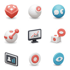 Poster - Collection of Nine Isometric 3D Web Icons:  Communication, Analytics, and User Interface Elements