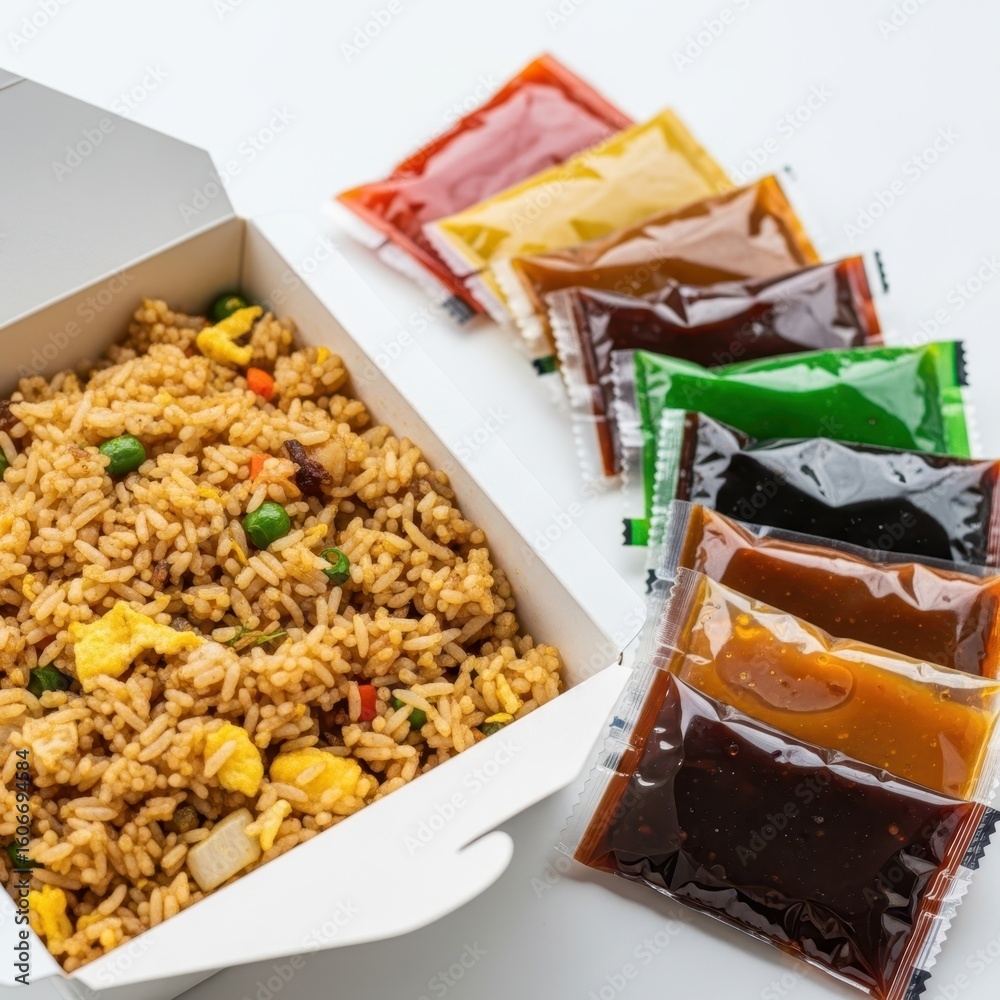 Fried rice in a takeout box with assorted dipping sauces Stock ...