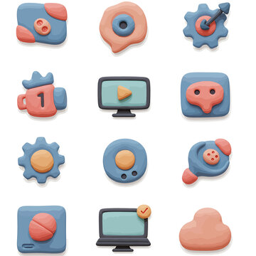 Colorful Stylized ClayLike Icons Representing Various Digital Concepts.