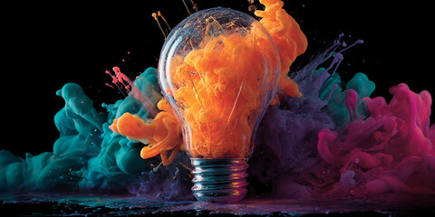 Poster - Glass bulb filled with orange ink, surrounded by teal, purple, and pink ink clouds, showcasing creativity and innovation, ideal for design or technology concepts