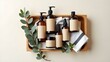© Voziah - Top view: A set of natural organic SPA beauty products in amber glass bottles on a wooden board with eucalyptus leaves.