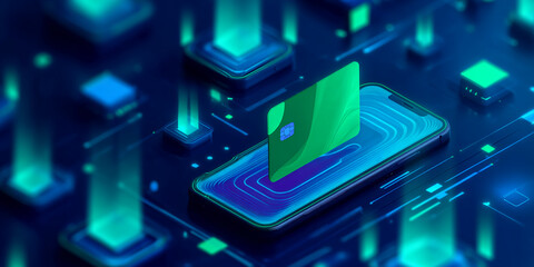 Poster - Green credit card on phone screen, digital circuit background, showcasing modern contactless payment technology, symbolizing secure online transactions