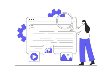 Poster - SEO analysis. Woman settings site for search engines, analyzing statistics of webpage, selecting keywords. Flat Cartoon Vector Illustration, icon. Stylish abstract design landing page