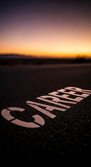 Poster - Close-up of asphalt with the word CAREER painted on it, set against a blurred sunset background, suggesting a journey or path ahead