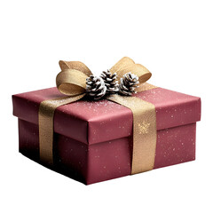 Poster - A festive red gift box with a golden ribbon bow photographed against a plain white background creating a simple and elegant holiday themed composition