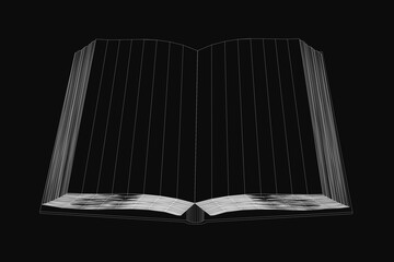 Poster - An open white book with pages fanned out on a black background, featuring slightly curled edges for a realistic effect. The wireframe design adds a modern and minimalist aesthetic.