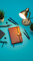 Poster - Brown leather notebook, pens, glasses, desk lamp, and plants on a teal surface, showcasing a workspace scene suitable for business or study mockups