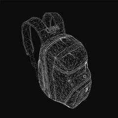 Poster - A 3D wireframe model of a backpack displayed on a sleek black background, showcasing realistic contours and structural details. The design highlights precise edges and a modern aesthetic.
