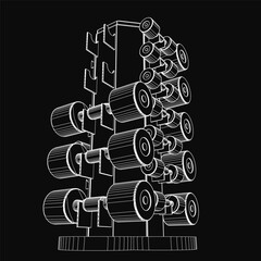 Poster - A black and white illustration of a dumbbell rack with various sizes and shapes, neatly arranged on a solid black background. The stark contrast highlights the barbell set's clean contour.