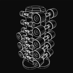 Poster - A black and white illustration of a dumbbell rack with various sizes and shapes, neatly arranged on a solid black background. The stark contrast highlights the barbell set's clean contour.