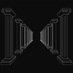 Poster - Ancient Greek columns in a detailed line drawing stand out against a black background. Each column features unique intricate designs and contours. The stark contrast highlights the elegant.