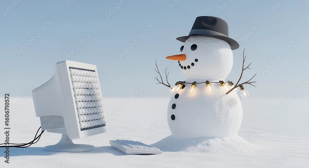 Ilustração do Stock Snowman wearing a hat and light up garland looking ...