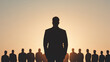 © A2Z AI  - Silhouette of a leader standing before a group, symbolizing authority and guidance, set against a warm, sunset-like backdrop.