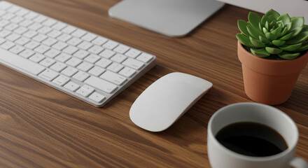 Poster - White keyboard, mouse, coffee cup, succulent plant on brown wood desk Mockup scene, showcasing workspace simplicity and productivity