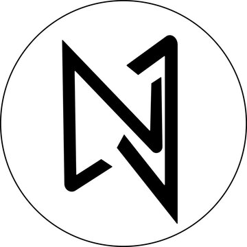 Minimal geometric symbol resembling abstract letters within a round frame, high-contrast black on white