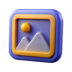 Poster - Stylized 3d graphic icon representing a landscape with mountains and sun isolated on transparent background