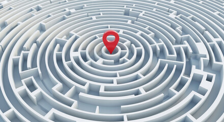 Poster - Circular maze with red marker at center, illustrating problem-solving, navigation, or finding a solution, showcasing a concept of challenge and direction