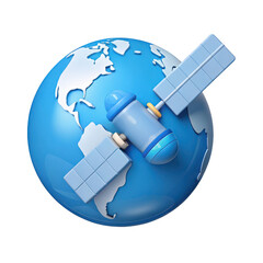 Poster - Stylized 3d rendering of a satellite orbiting a cartoonish blue planet earth isolated on transparent background