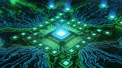Poster - A glowing central processor unit with intricate green and blue circuitry, symbolizing advanced technology and digital data flow