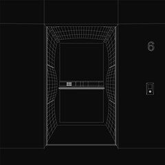 Poster - A black and white wireframe drawing of an elevator with the number 6 displayed prominently, featuring clean lines and a stark black background for contrast.