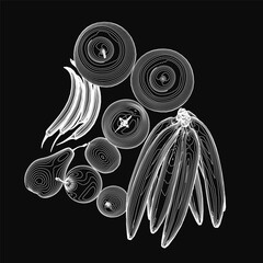 Poster - Black and white contour drawing of clustered fruits with clean outlines on a solid black background. The overlapping arrangement creates depth and visual interest in this minimalist illustration.