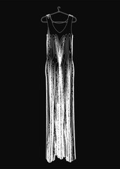Poster - A white dress hangs on a black hanger against a dark background, featuring intricate contour lines and elegant curves. The detailed sketch highlights the garment's unique design with clean.