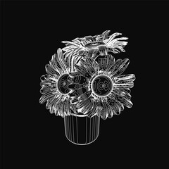 Poster - A black and white contour drawing of a vase filled with vibrant flowers, including daisies. The symmetrical arrangement features overlapping petals against a stark black background.