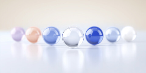 Poster - Colorful glass spheres arranged in a line on a reflective surface, showcasing various shades and textures, creating a visually appealing and harmonious composition