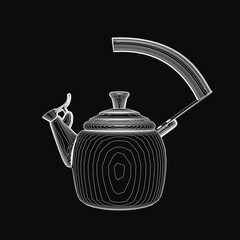 Poster - A detailed black and white contour drawing of a teapot with a prominent spout, curved handle, and visible lid. The stark black background emphasizes the clean white outline of the kettle.