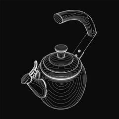 Poster - A detailed black and white contour drawing of a teapot with visible spout, handle, and lid. The stark black background emphasizes the clean white outline of the kettle.