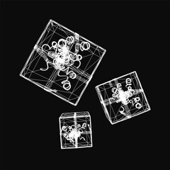 Poster - Three white gift boxes arranged in a triangular formation on a solid black background, viewed from above. The largest box is centered with two smaller ones on either side, featuring clean contours.