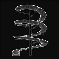 Poster - White line art spiral slide for kids isolated on black background, featuring smooth looping curves, symmetrical design, and clean vector illustration. The playful and minimalist style makes it ideal.