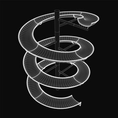 Poster - A white line art spiral slide for kids isolated on black background, featuring smooth looping curves, symmetrical design, and clean vector illustration.