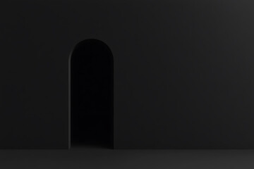 Poster - Monochromatic Black Portal: An archway set in a black wall, invites the unknown. Minimalist and mysterious design, evoking depth and curiosity.
