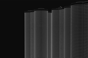 Poster - A black and white illustration of a tall skyscraper composed of multiple uniquely shaped buildings against a dark background. The detailed contours create depth.