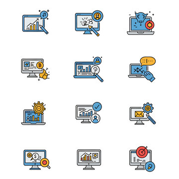 A collection of flat line icons representing various aspects of online business, data analysis, and digital marketing, presented on computer screens.