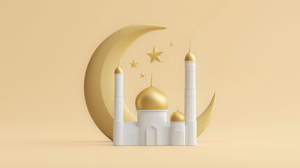Poster - 3D illustration of a mosque with golden domes and minarets, surrounded by a crescent moon and stars, set against a soft pastel background, symbolizing spirituality and peace