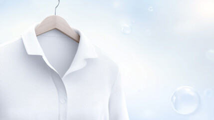 Poster - White shirt on a wooden hanger against a soft blue background with bubbles, showcasing a clean and fresh appearance ideal for fashion and textile presentations