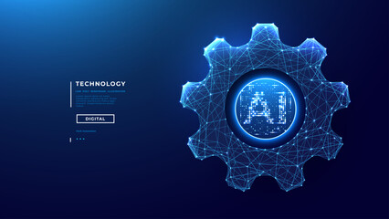 AI icon into abstract digital gear on technology blue background. Business solution and tech innovation concept. Circle AI chip or semiconductor and wheelwork in low poly wireframe vector illustration