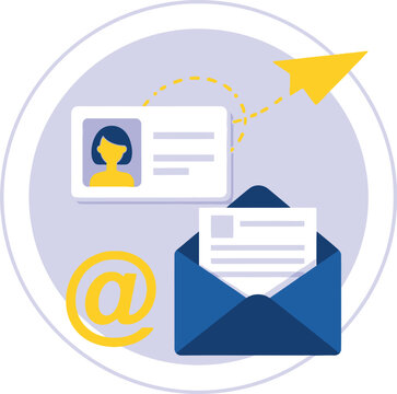 Vector art of an email communication concept is illustrated with an envelope, paper airplane, and user profile on a white background
