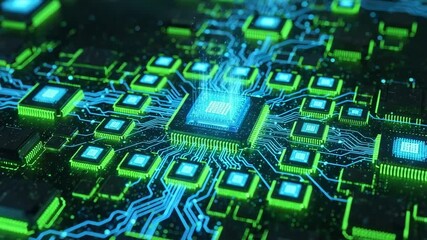 Poster - A closeup view of a glowing blue and green computer circuit board with a central processor and intricate pathways