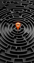 Poster - Orange marker pin at black maze center, symbolizing solution, goal, navigation, or pathfinding, ideal for business or strategy concepts