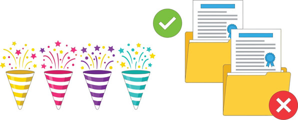 Poster - Vector art of confetti cannons celebrate success while approved documents sit next to rejected ones, illustrating the contrast between positive and negative outcomes