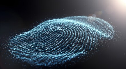 Poster - Blue glowing fingerprint made of light particles on dark background. Digital security and identification technology concept for cyber safety.