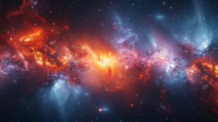 Vibrant nebula with fiery red, orange, and cool blue hues scattered across a star-filled cosmos