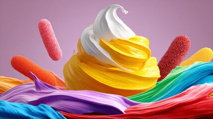 Poster - Colorful swirl of paint with a yellow and white swirl of frosting on top. The swirls of paint are in various colors, including red, blue, and purple