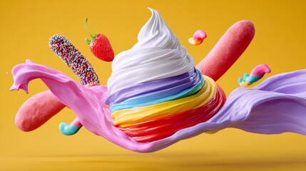 Poster - Colorful swirl of rainbow ice cream with sprinkles and strawberries. The image is vibrant and playful, with a sense of motion and energy