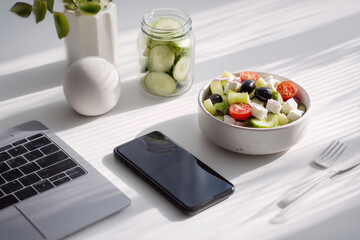 Poster - A laptop and a cell phone are on a table with a bowl of salad
