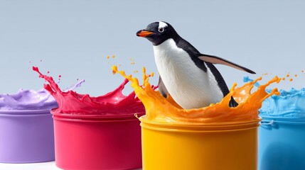 Poster - Penguin is standing in a splash of paint, with a splash of orange paint on its head