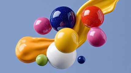 Poster - Colorful array of balls, including some that are yellow and pink, are floating in the air. The scene is abstract and playful, with the balls appearing to be in motion
